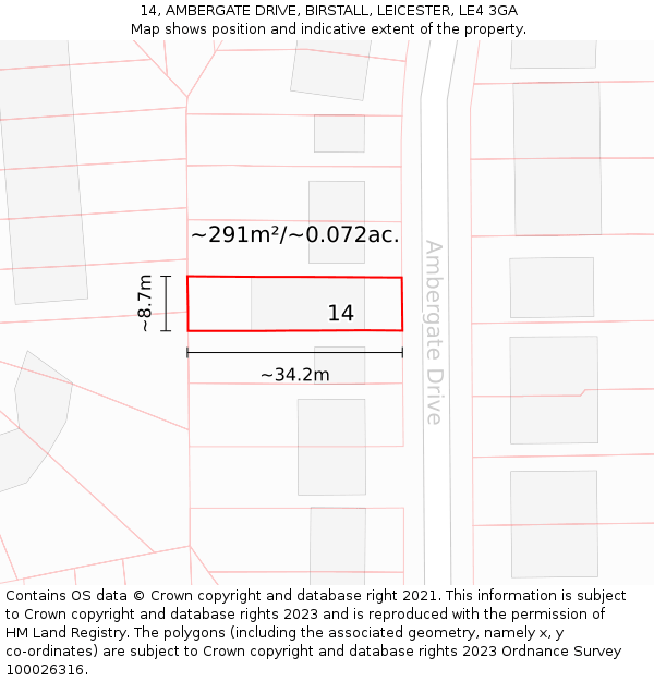 14, AMBERGATE DRIVE, BIRSTALL, LEICESTER, LE4 3GA: Plot and title map