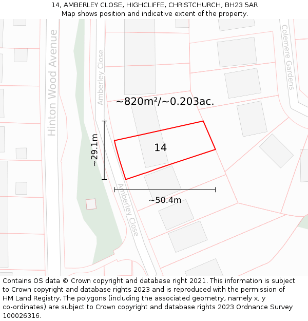 14, AMBERLEY CLOSE, HIGHCLIFFE, CHRISTCHURCH, BH23 5AR: Plot and title map