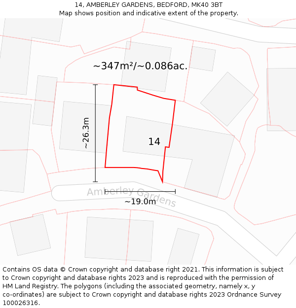 14, AMBERLEY GARDENS, BEDFORD, MK40 3BT: Plot and title map