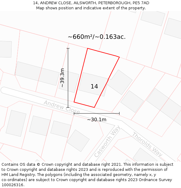 14, ANDREW CLOSE, AILSWORTH, PETERBOROUGH, PE5 7AD: Plot and title map