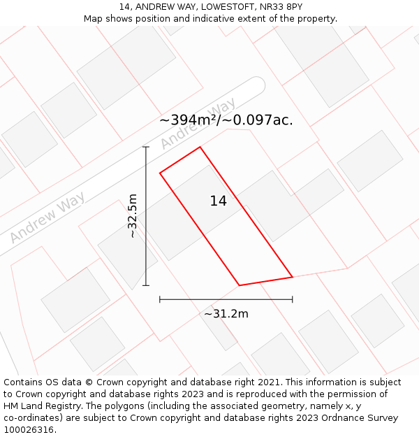 14, ANDREW WAY, LOWESTOFT, NR33 8PY: Plot and title map