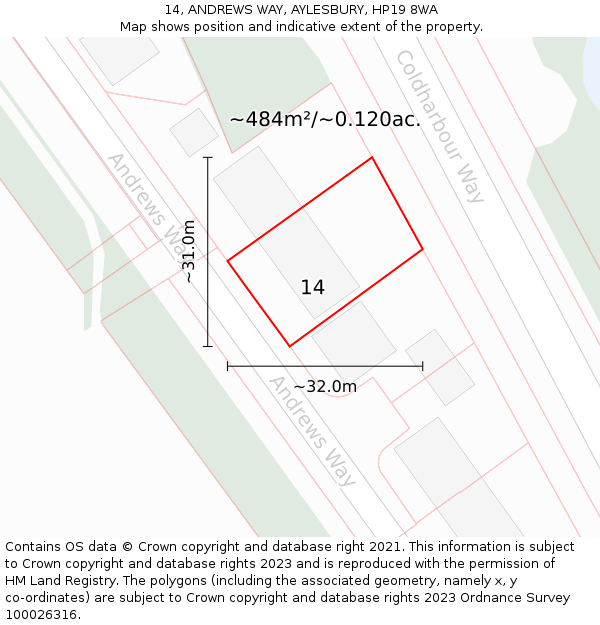 14, ANDREWS WAY, AYLESBURY, HP19 8WA: Plot and title map