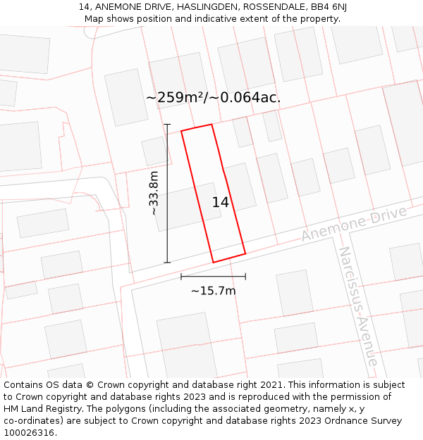14, ANEMONE DRIVE, HASLINGDEN, ROSSENDALE, BB4 6NJ: Plot and title map