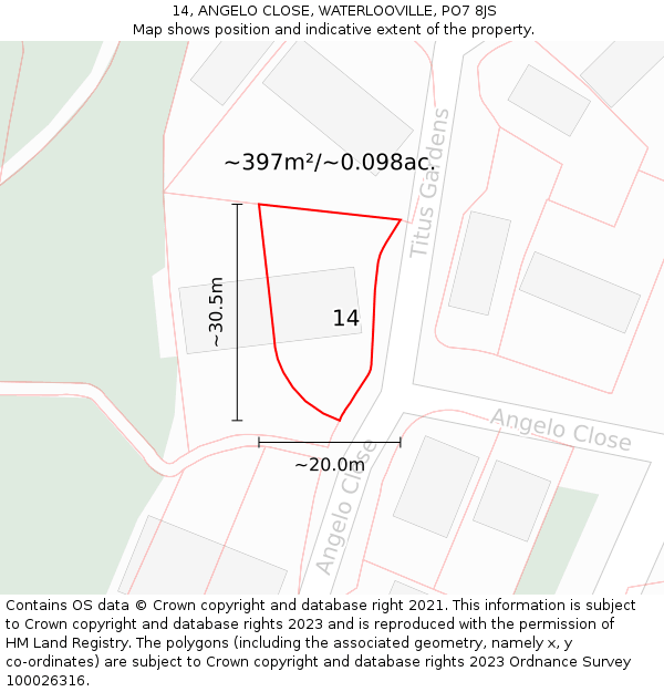 14, ANGELO CLOSE, WATERLOOVILLE, PO7 8JS: Plot and title map