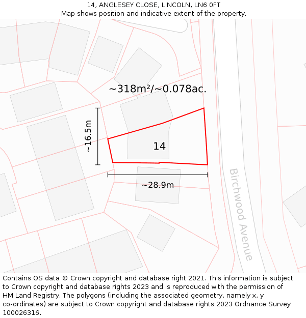 14, ANGLESEY CLOSE, LINCOLN, LN6 0FT: Plot and title map