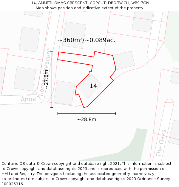 14, ANNETHOMAS CRESCENT, COPCUT, DROITWICH, WR9 7GN: Plot and title map