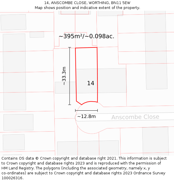14, ANSCOMBE CLOSE, WORTHING, BN11 5EW: Plot and title map