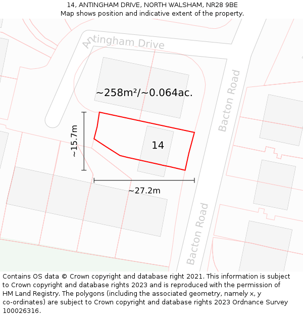 14, ANTINGHAM DRIVE, NORTH WALSHAM, NR28 9BE: Plot and title map