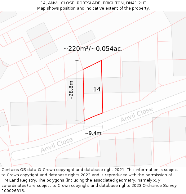 14, ANVIL CLOSE, PORTSLADE, BRIGHTON, BN41 2HT: Plot and title map