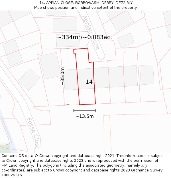 14, APPIAN CLOSE, BORROWASH, DERBY, DE72 3LY: Plot and title map