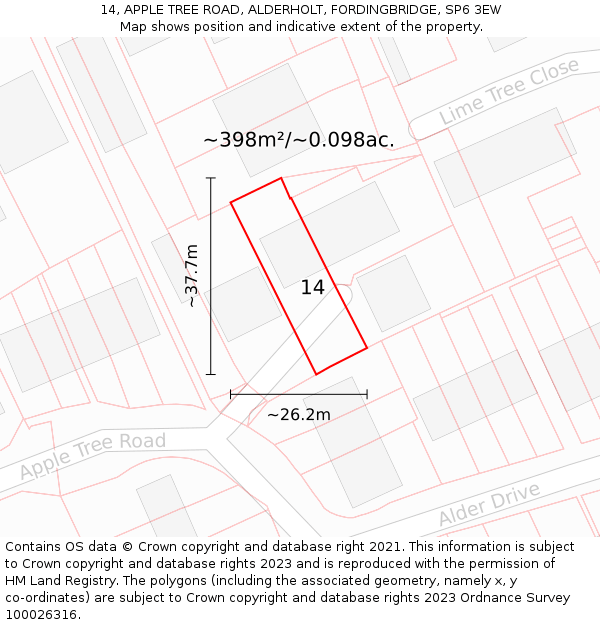 14, APPLE TREE ROAD, ALDERHOLT, FORDINGBRIDGE, SP6 3EW: Plot and title map