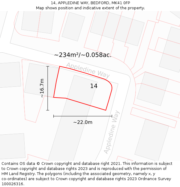 14, APPLEDINE WAY, BEDFORD, MK41 0FP: Plot and title map