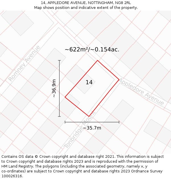 14, APPLEDORE AVENUE, NOTTINGHAM, NG8 2RL: Plot and title map