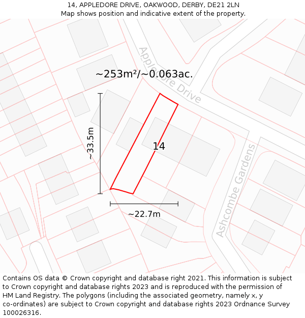 14, APPLEDORE DRIVE, OAKWOOD, DERBY, DE21 2LN: Plot and title map