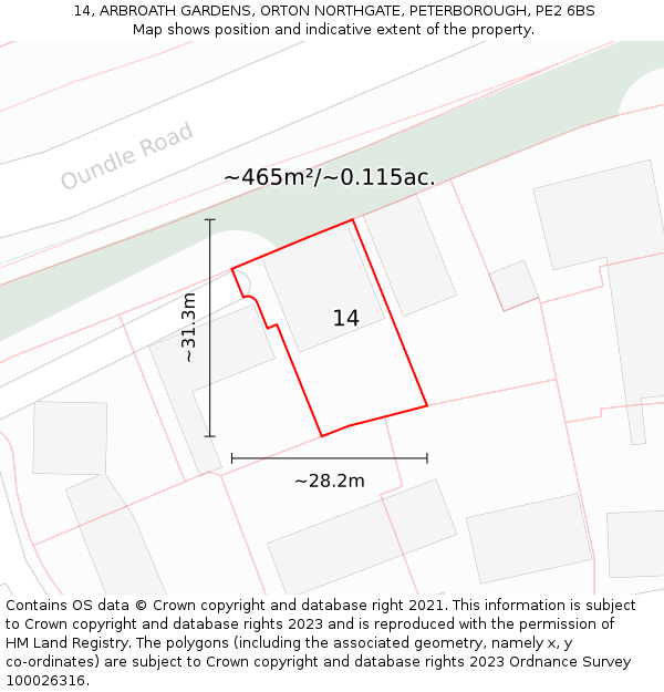 14, ARBROATH GARDENS, ORTON NORTHGATE, PETERBOROUGH, PE2 6BS: Plot and title map