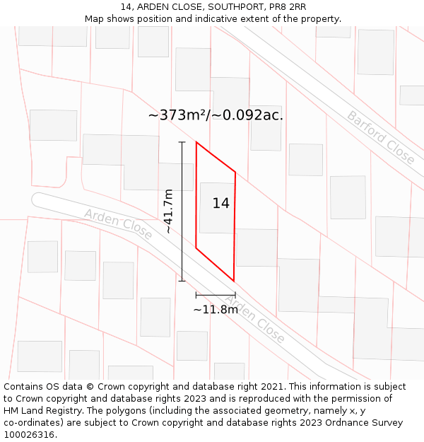 14, ARDEN CLOSE, SOUTHPORT, PR8 2RR: Plot and title map