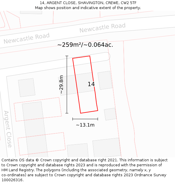 14, ARGENT CLOSE, SHAVINGTON, CREWE, CW2 5TF: Plot and title map