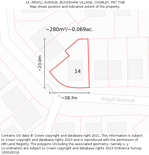 14, ARGYLL AVENUE, BUCKSHAW VILLAGE, CHORLEY, PR7 7HB: Plot and title map