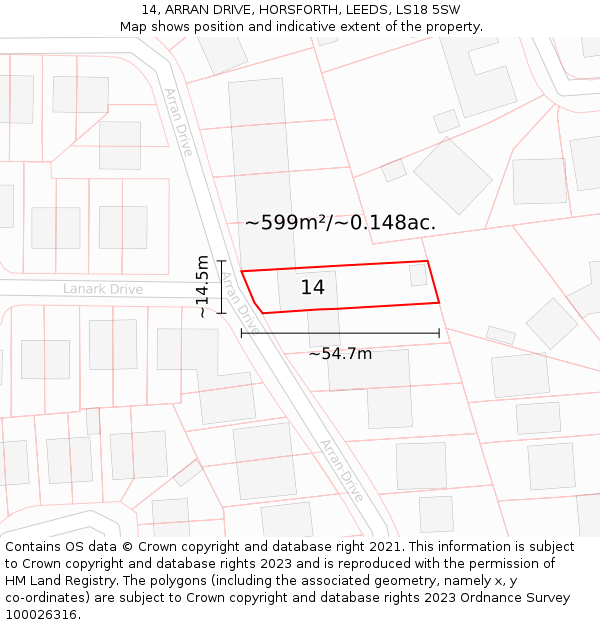 14, ARRAN DRIVE, HORSFORTH, LEEDS, LS18 5SW: Plot and title map
