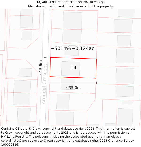 14, ARUNDEL CRESCENT, BOSTON, PE21 7QH: Plot and title map
