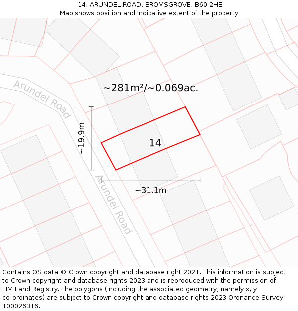 14, ARUNDEL ROAD, BROMSGROVE, B60 2HE: Plot and title map