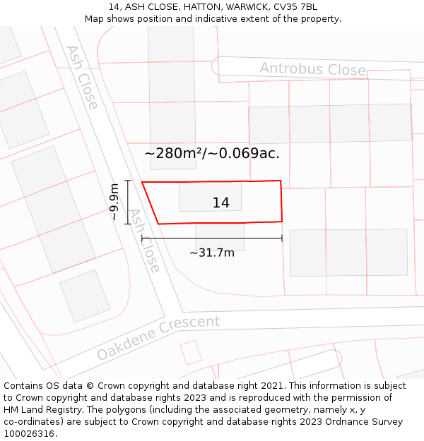 14, ASH CLOSE, HATTON, WARWICK, CV35 7BL: Plot and title map