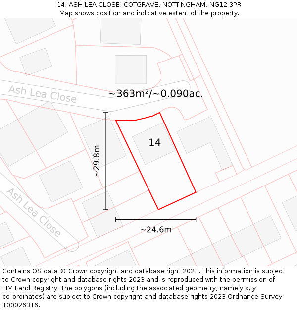 14, ASH LEA CLOSE, COTGRAVE, NOTTINGHAM, NG12 3PR: Plot and title map