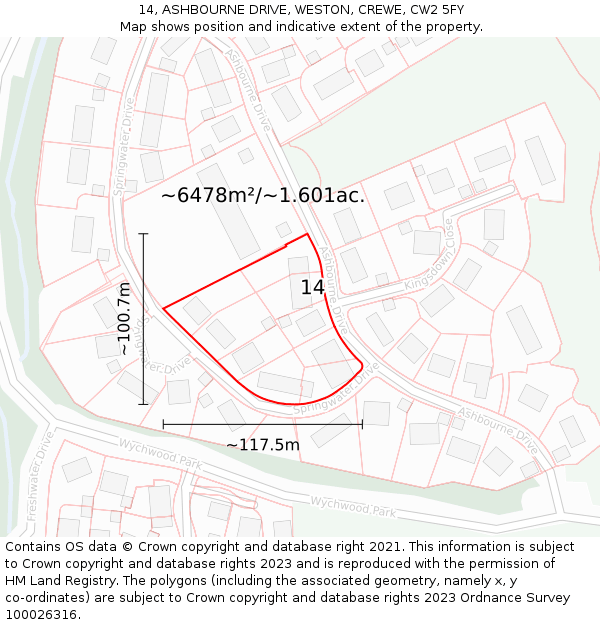 14, ASHBOURNE DRIVE, WESTON, CREWE, CW2 5FY: Plot and title map