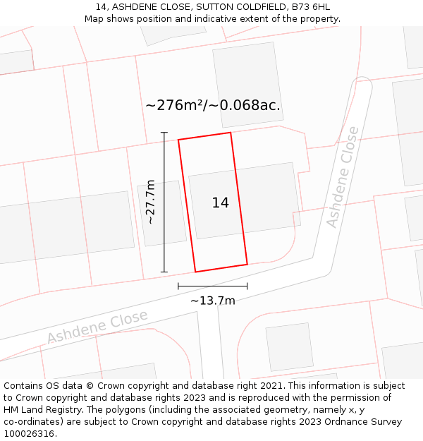 14, ASHDENE CLOSE, SUTTON COLDFIELD, B73 6HL: Plot and title map