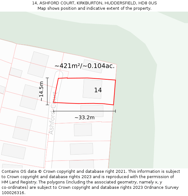 14, ASHFORD COURT, KIRKBURTON, HUDDERSFIELD, HD8 0US: Plot and title map