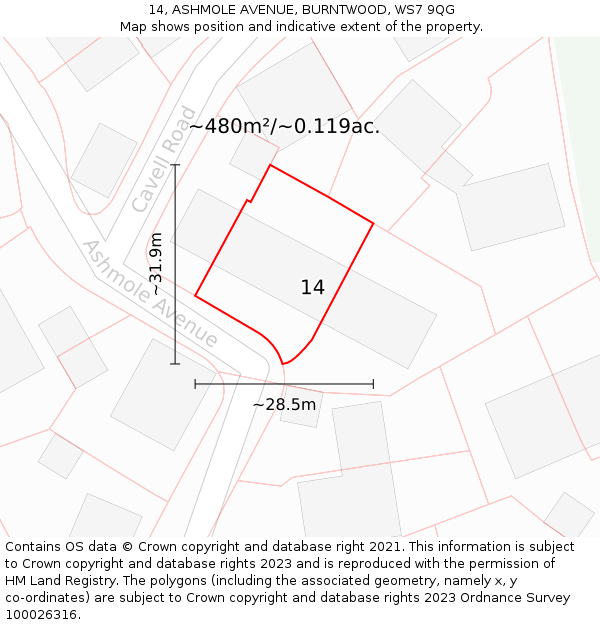 14, ASHMOLE AVENUE, BURNTWOOD, WS7 9QG: Plot and title map