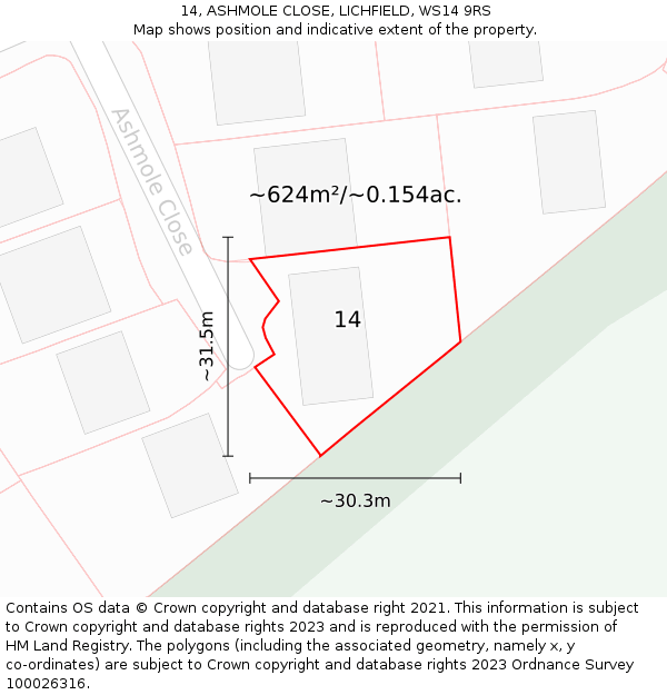 14, ASHMOLE CLOSE, LICHFIELD, WS14 9RS: Plot and title map
