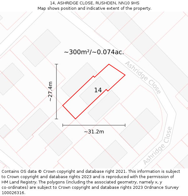 14, ASHRIDGE CLOSE, RUSHDEN, NN10 9HS: Plot and title map