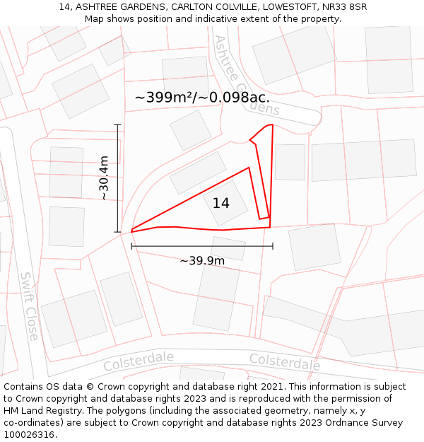 14, ASHTREE GARDENS, CARLTON COLVILLE, LOWESTOFT, NR33 8SR: Plot and title map