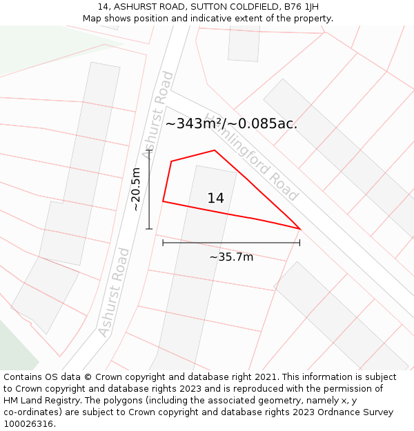14, ASHURST ROAD, SUTTON COLDFIELD, B76 1JH: Plot and title map