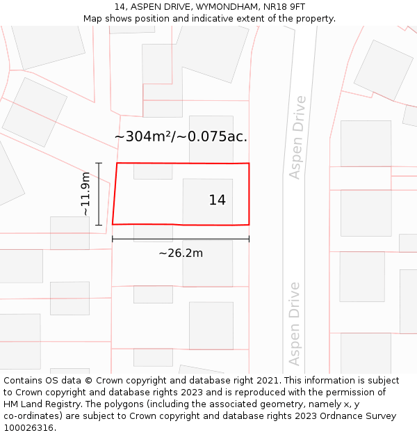 14, ASPEN DRIVE, WYMONDHAM, NR18 9FT: Plot and title map