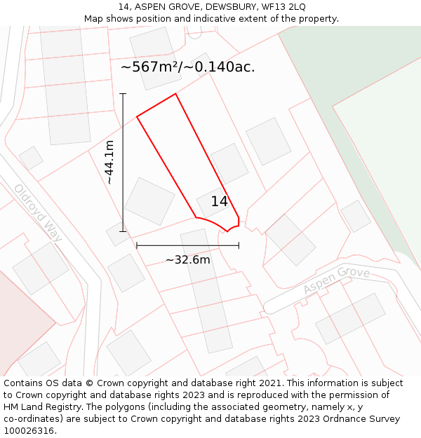 14, ASPEN GROVE, DEWSBURY, WF13 2LQ: Plot and title map