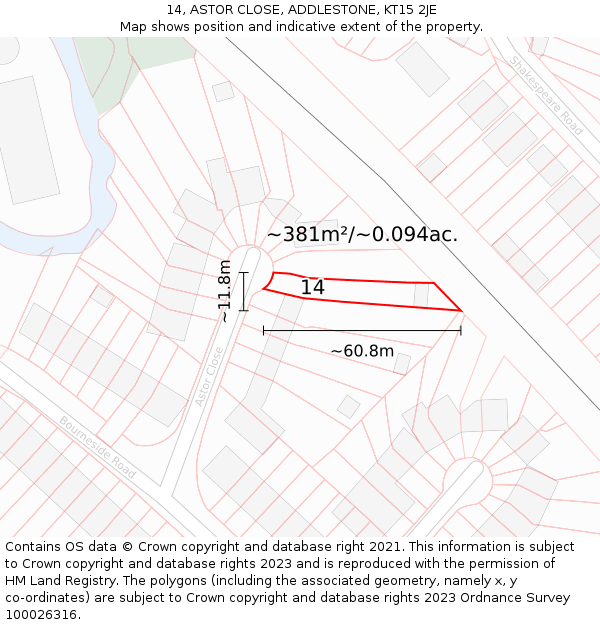14, ASTOR CLOSE, ADDLESTONE, KT15 2JE: Plot and title map