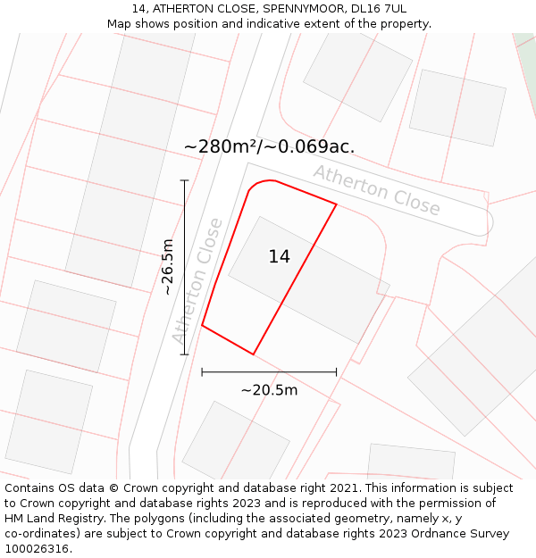 14, ATHERTON CLOSE, SPENNYMOOR, DL16 7UL: Plot and title map