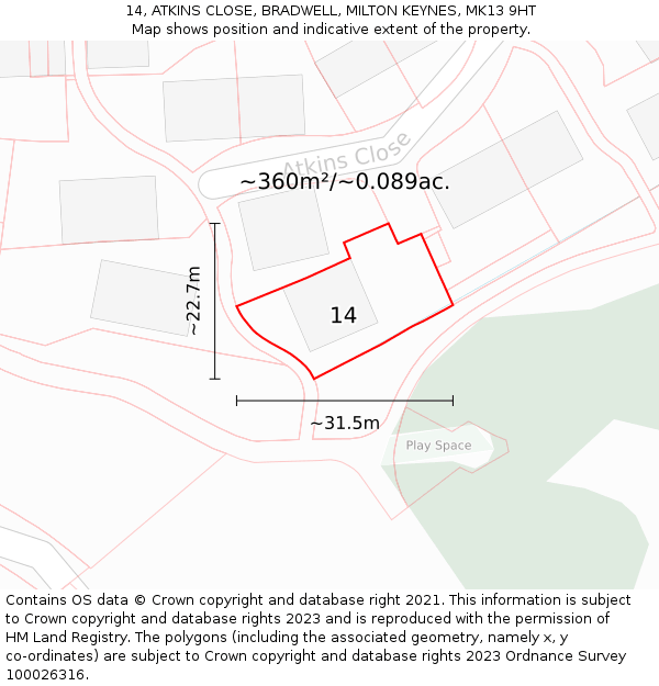 14, ATKINS CLOSE, BRADWELL, MILTON KEYNES, MK13 9HT: Plot and title map