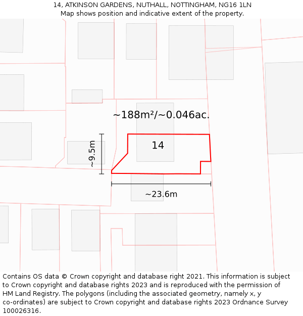 14, ATKINSON GARDENS, NUTHALL, NOTTINGHAM, NG16 1LN: Plot and title map