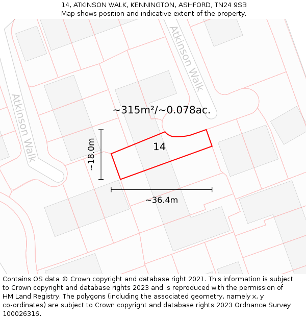 14, ATKINSON WALK, KENNINGTON, ASHFORD, TN24 9SB: Plot and title map