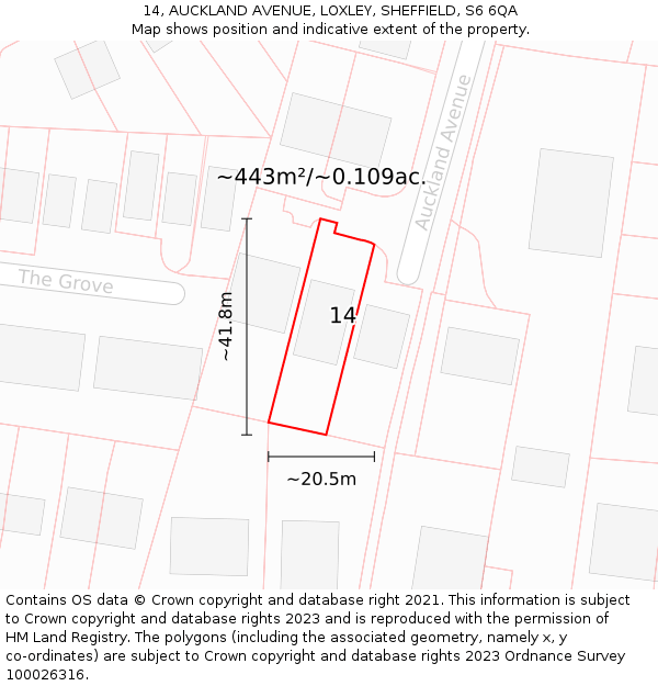 14, AUCKLAND AVENUE, LOXLEY, SHEFFIELD, S6 6QA: Plot and title map