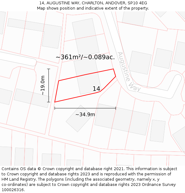 14, AUGUSTINE WAY, CHARLTON, ANDOVER, SP10 4EG: Plot and title map