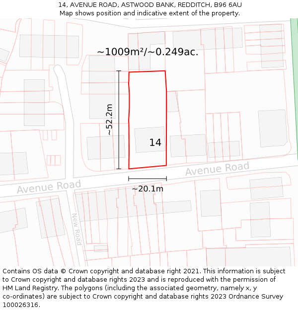 14, AVENUE ROAD, ASTWOOD BANK, REDDITCH, B96 6AU: Plot and title map