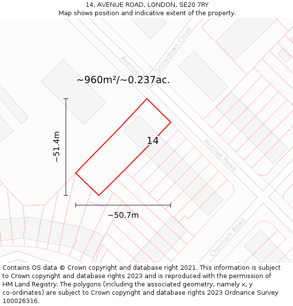 14, AVENUE ROAD, LONDON, SE20 7RY: Plot and title map