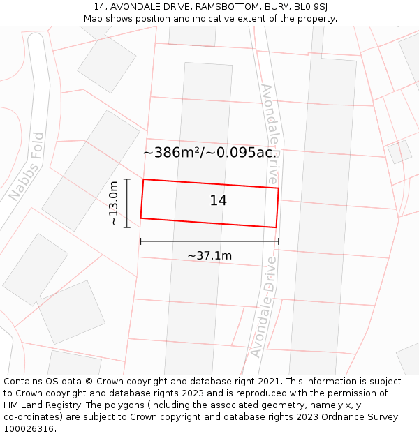 14, AVONDALE DRIVE, RAMSBOTTOM, BURY, BL0 9SJ: Plot and title map