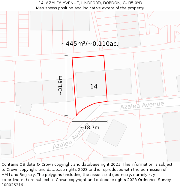 14, AZALEA AVENUE, LINDFORD, BORDON, GU35 0YD: Plot and title map