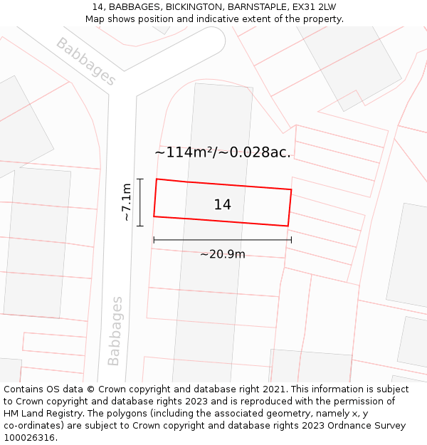 14, BABBAGES, BICKINGTON, BARNSTAPLE, EX31 2LW: Plot and title map