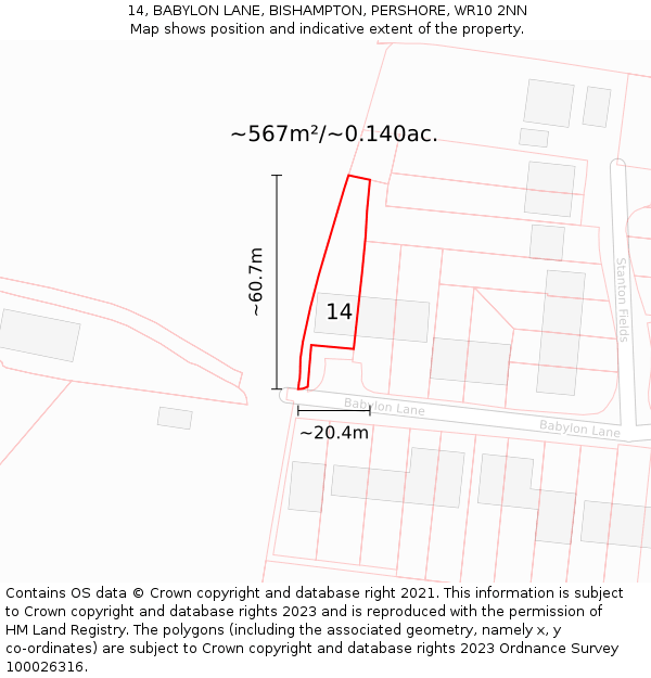 14, BABYLON LANE, BISHAMPTON, PERSHORE, WR10 2NN: Plot and title map